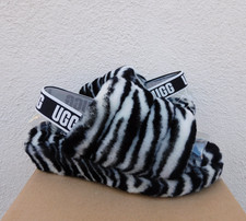 UGG BLACK/ WHITE FLUFF YEAH ZEBRA SHEEPSKIN SLIPPER SANDALS, US 6/ EUR 37 NIB