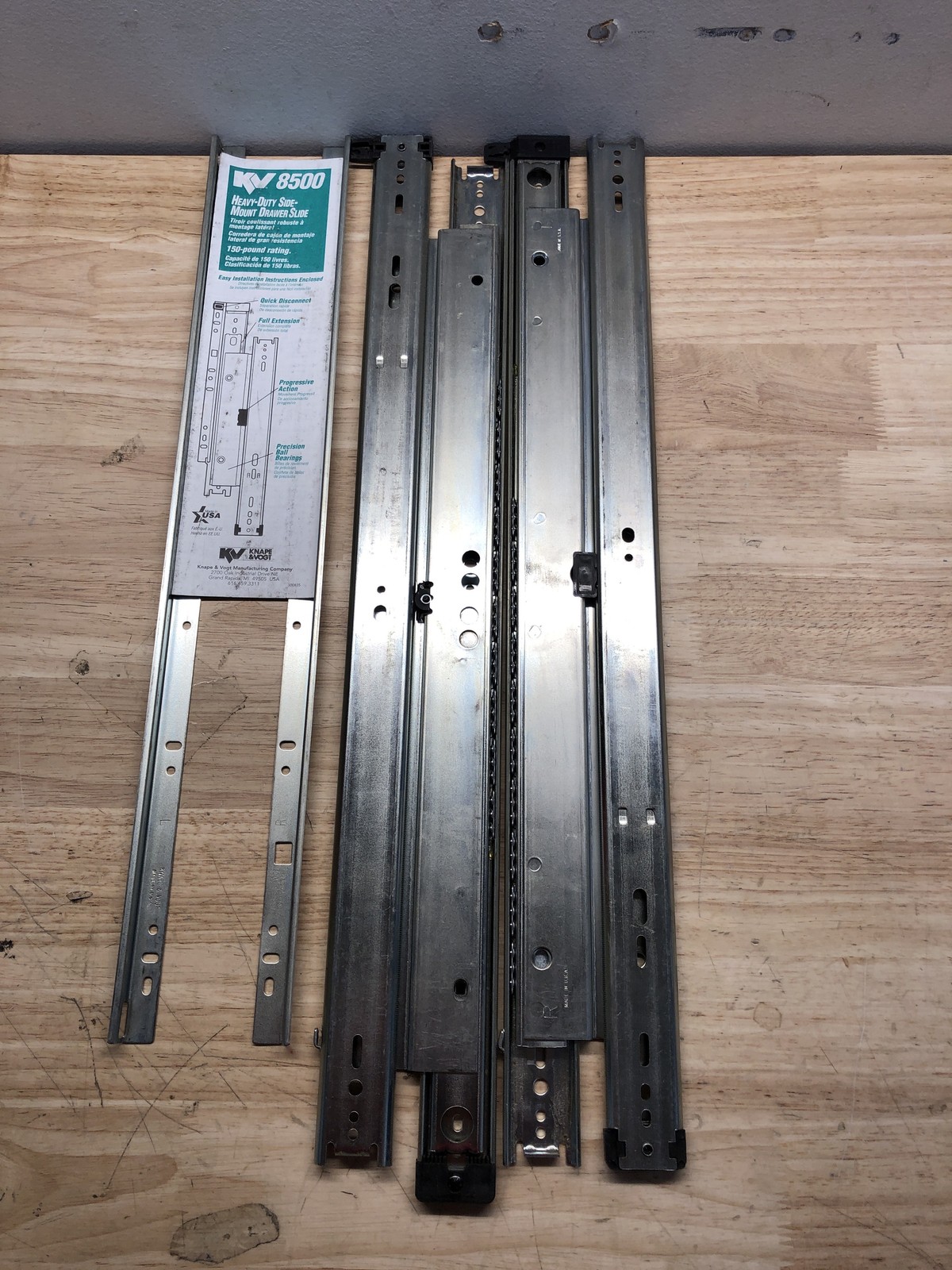 Knape & Vogt KV8500B22 22" Full Extension Drawer Slide, 150 