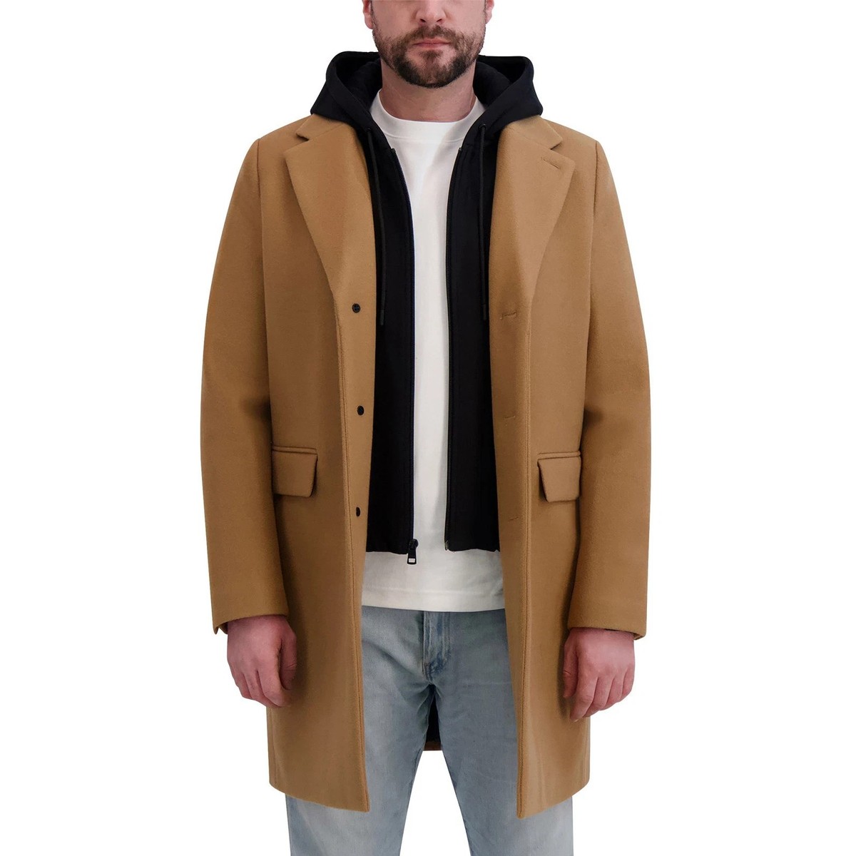 DKNY Men's Faux Wool Heavyweight Bib Front Zipper Button Coat