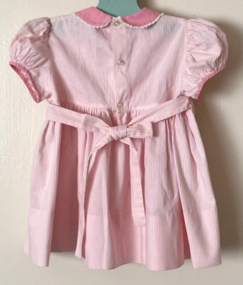 Vestido de Fiesta Vintage Polly Flinders Niña Rosa Rayas Calado a Mano Talla 3T Algodón Foto 3 de 4