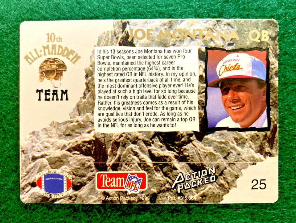 1993 Action Packed Football #25 “All Madden” Joe Montana San Francisco 49ers NFL - Image 2 of 2