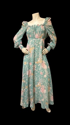 Vintage 70’s Prairie Dress Hippie Green Floral Smocked Maxi Dress Cottage Core - Picture 18 of 20