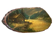 VINTAGE CABIN PHOTO ON WOOD SLAB 18 3/4 X 9 1/2 - Made In USA Wilderness Cabin