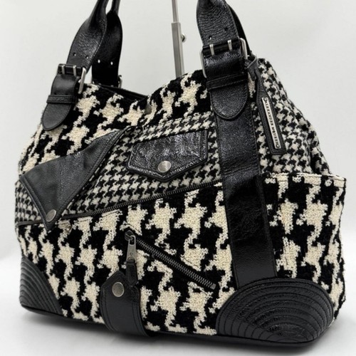 Authentic ALEXANDER MCQUEEN Houndstooth Knit and Leather Tote Bag Black White