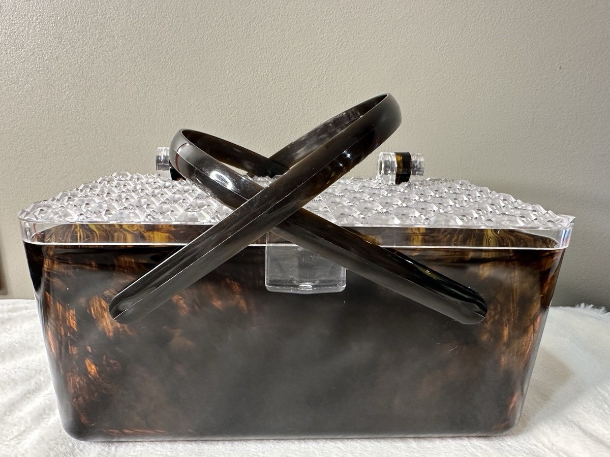 Tortoise Amber Box Purse 1950s Picnic Basket Handle Bakelite