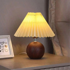 Mini Faux Wood Table Lamp with Pleated Shade for Bedroom, Living Room, Office