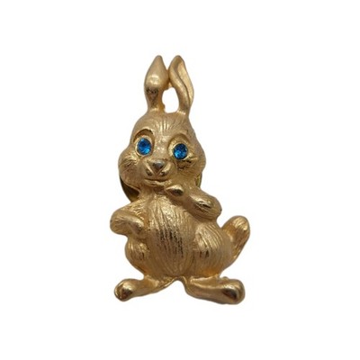 Gold Tone Easter Bunny Rabbit Lapel Pin w/ Blue Rhinestone Eyes Vintage 