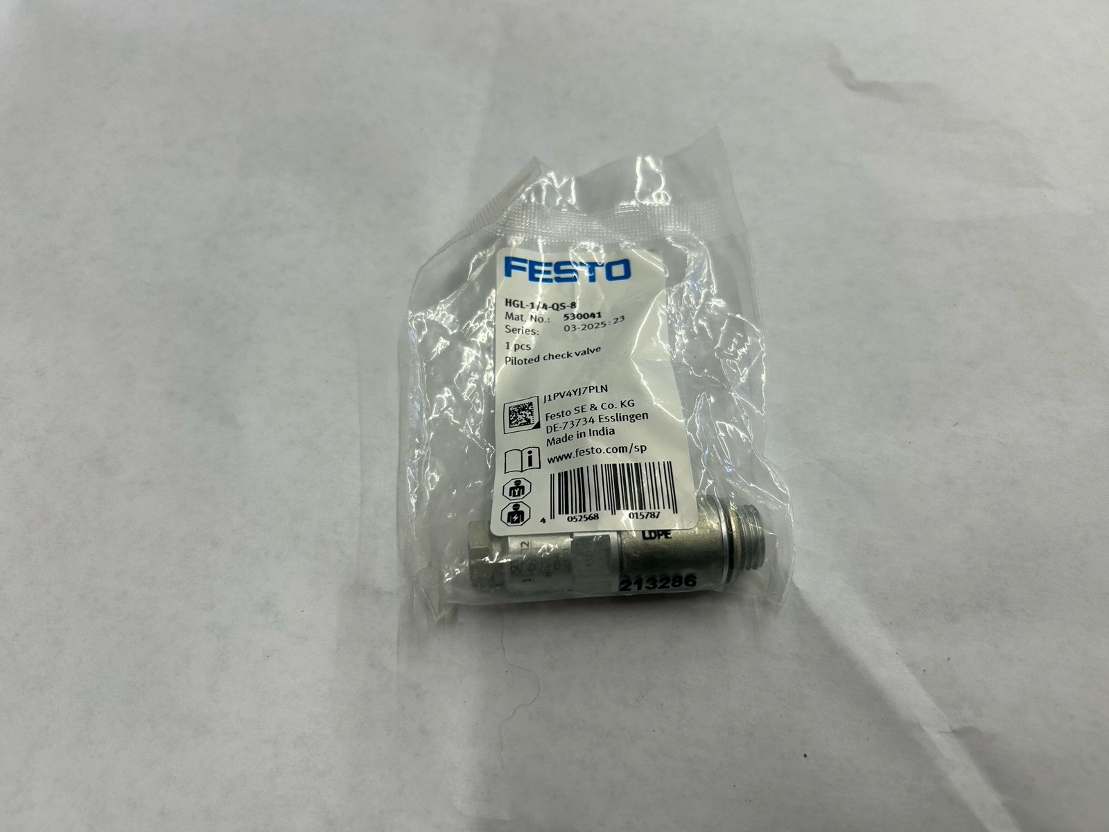 Festo HGL-1/4-QS-8 Pneumatic Piloted Check Valve 530041 Push Connect NEW IN BAG
