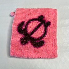 Sea Turtle Pink  Red Beaded Change Coin Purse Lined Zipper 4.75 x 4"