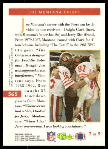 1993 Pro Line Profiles #565 Joe Montana - Picture 2 of 2
