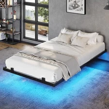 Twin XL Size Metal Floating Bed Frame with LED Lights, Black Platform Bed Frame