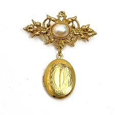 Victorian Revival Locket Brooch Faux Pearl 1928 Co Gold Tone Pin Dangle Drop