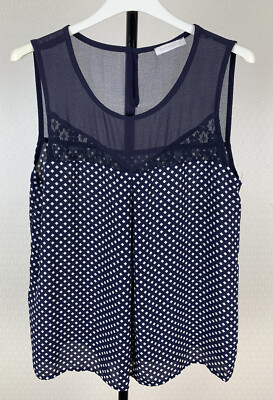 PROMOD Damen Gr. 36 Top Bluse navy blau weiß Chiffon Spitze Georgette 803
