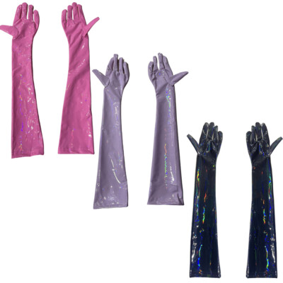 Women's Solid Pu Leather Long Gloves Latex Punk Rock Mittens Cosplay Accessories