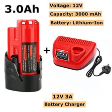 12V 3.0Ah Li-ion Battery for Milwaukee M12 XC 48-11-2401 2402 2440 + Charger