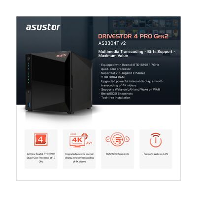 Asustor Drivestor 4 Pro Gen2 AS3304T v2, 4 Bay NAS Storage, 1.7GHz