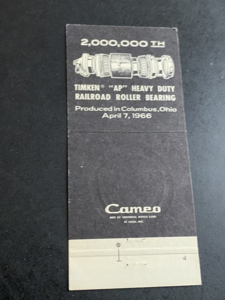 Vintage Ohio Matchbook “The Timken Railroad Bearing Company” Canton, OH