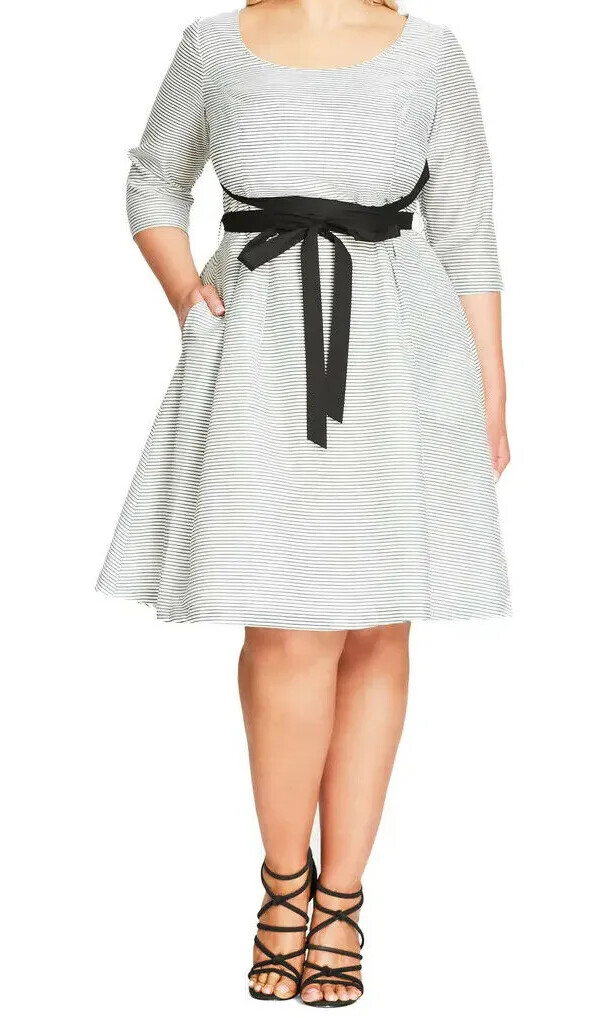 NEW City Chic Ivory Stripe 3/4 Sleeve Tie Ballerina Dress Plus