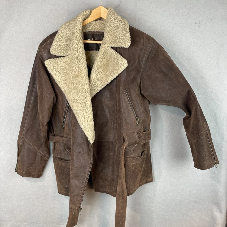 Chaqueta con cinturón de cuero envejecido marrón Y2K L con ribete Sherpa Grunge piloto motociclista Foto 2 de 4