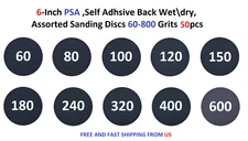 6-Inch PSA ,Self Adhsive Back Wetdry, Sanding Discs 60-600 Grits 50pcs