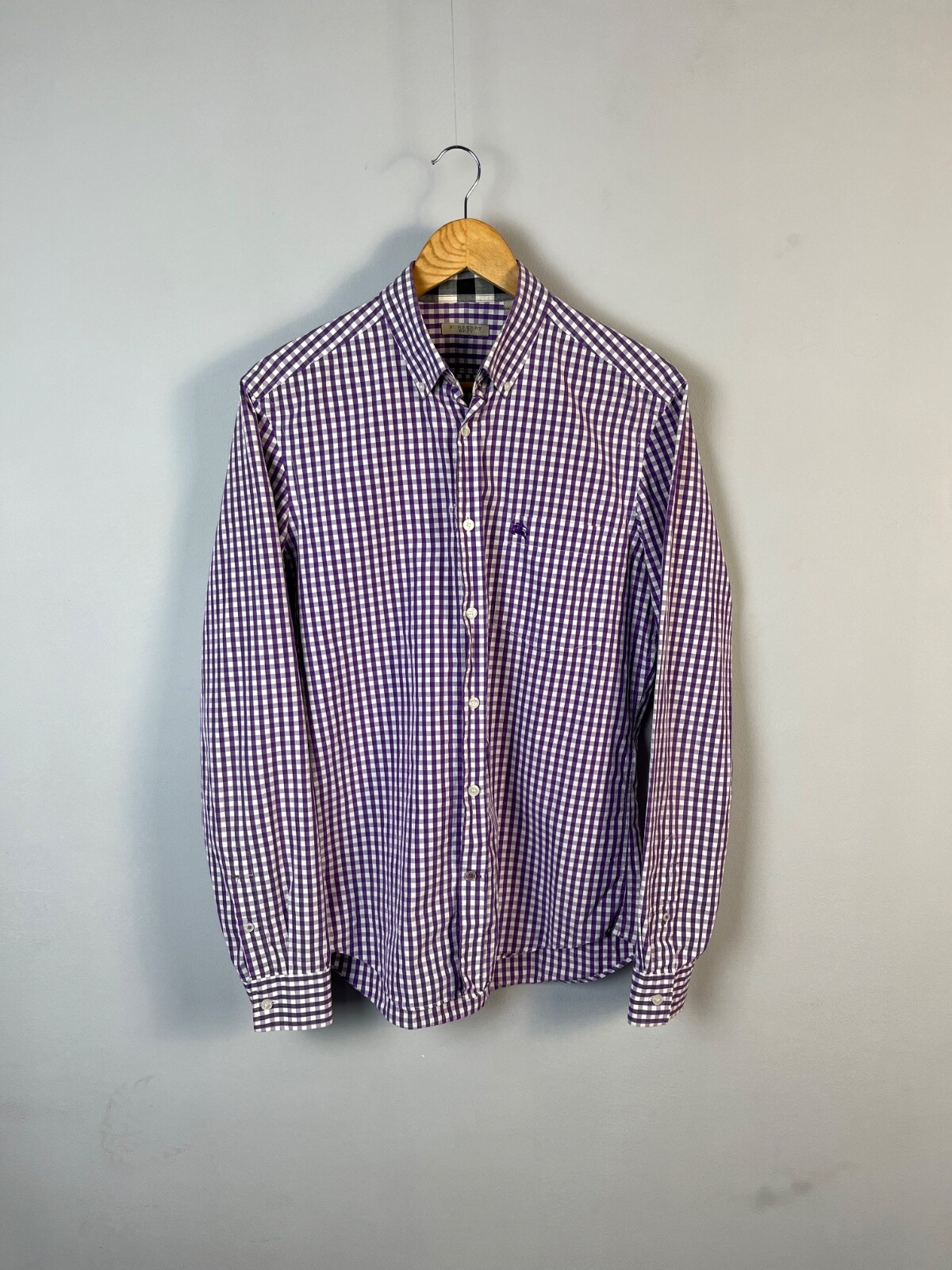 Burberry Brit Luxury Plaid Men Purple Cotton Long Sleeve Shirt Size M