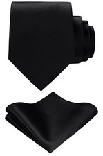 TIE G Solid Satin Woven dyed Color Formal Necktie and Pocket Square Sets Black
