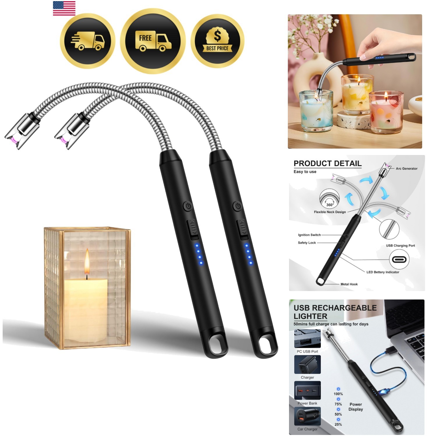 Windproof Usb C Rechargeable Electric Lighters With 360...