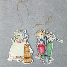 Lot Of 2 Kitty Cucumber 1986 Merrimack Cardboard Ornaments 2.5 Inch Vintage Cats