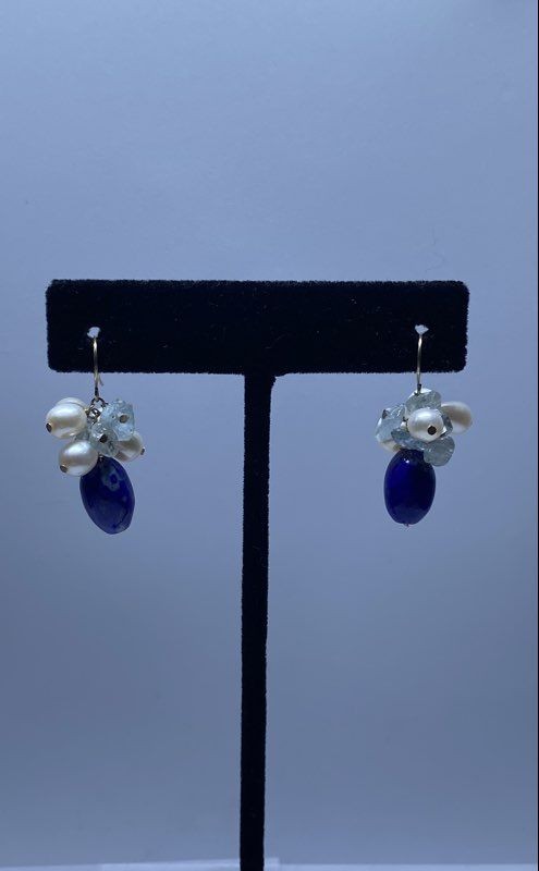 14K Yellow Gold Lapis Lazuli Freshwater Pearl Cluster Dangle Earrings 6.7g