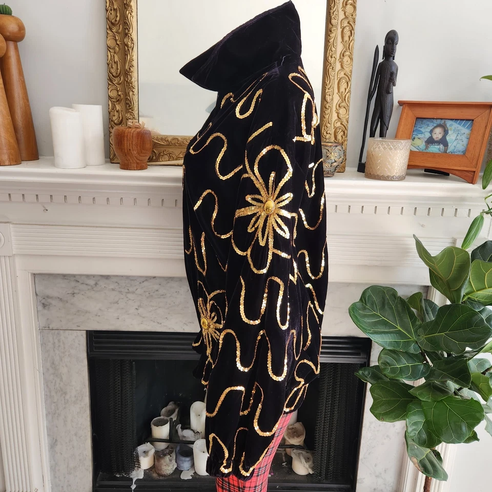 Chaqueta De Colección Años 70 Lentejuelas Negra Dorada Talla XL Floral Terciopelo Pista Dolman Mangas Foto 4 de 4