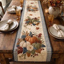 Fall Pumpkin Quilted Table Runner, Blue Plaid, Autumn Harvest Farmhouse Decor