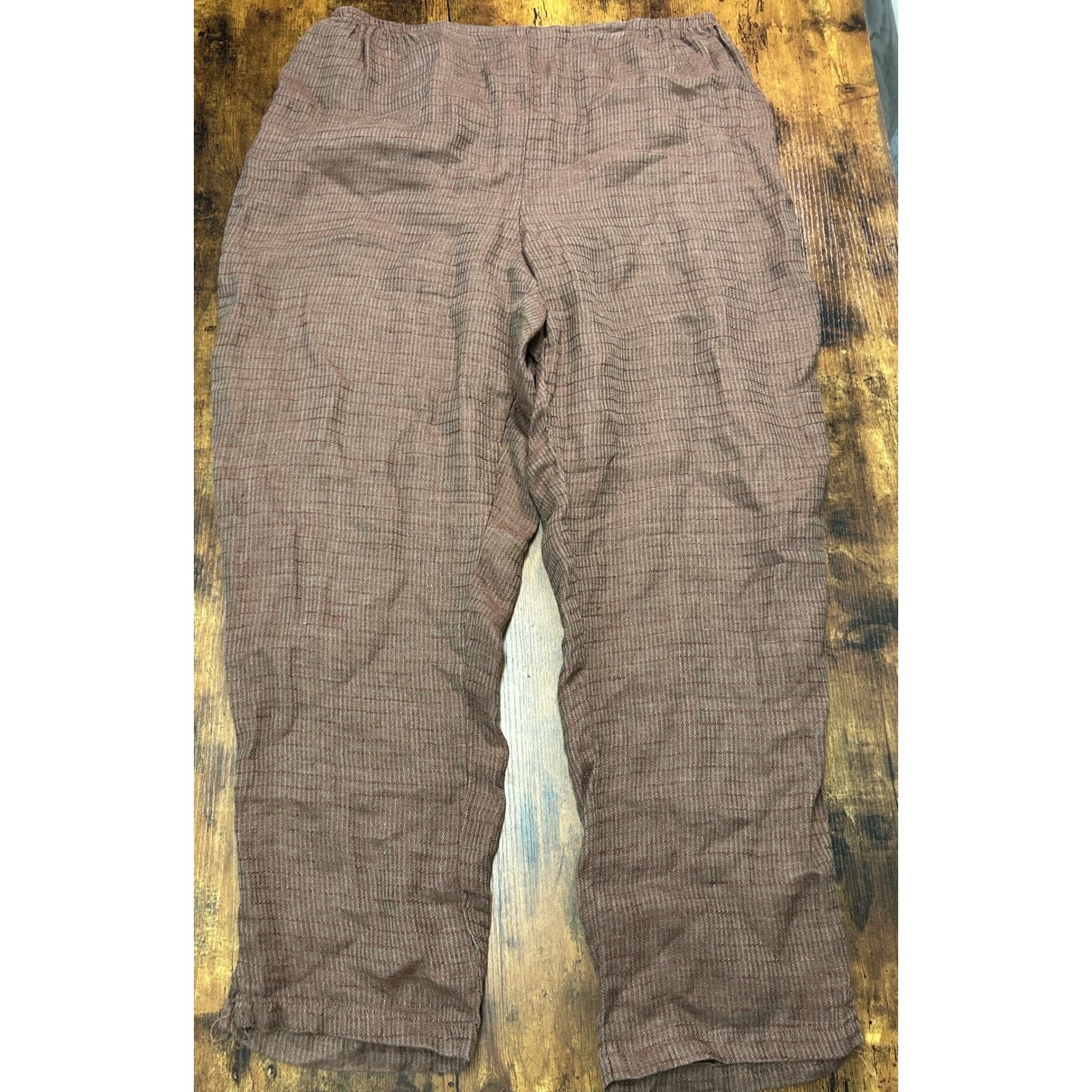 Flax Women Brown 100% Linen Textured Elastic Waist Relaxed Pants Size Large