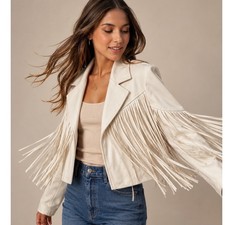 Fringe Faux Suede Cropped Jacket Sz M Western Boho Festival Rodeo Hippie