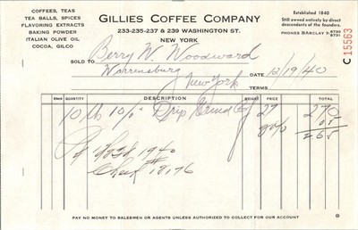 **Gillies Coffee Co 1940 Invoice Berry W. Woodward Drip Grind NYC **
