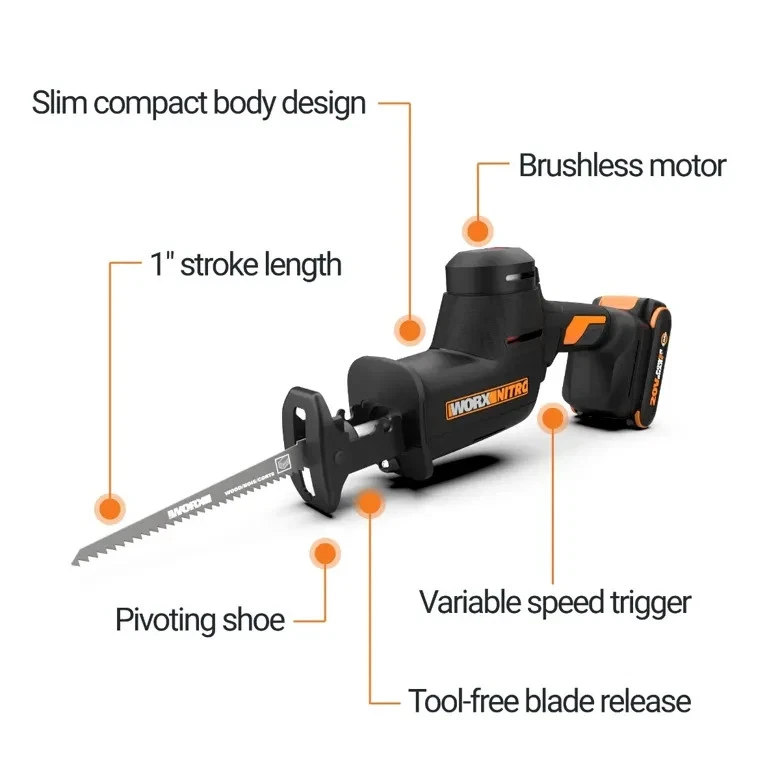 Herramienta de sierra recíproca compacta inalámbrica sin escobillas Worx Nitro 20V + batería de 2,0 Ah Foto 2 de 4