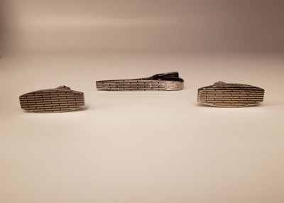 Men's Silvertone Cufflinks Tie Clip Bar Set Brick Wall Masonry Geometric Pattern
