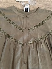 Joie Womens Long Sleeve XL Pleated Blouse In Olive with Lace Trim. NWT