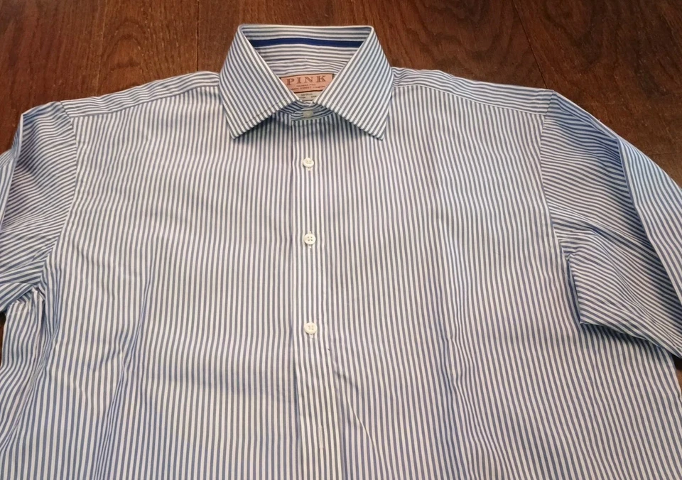 THOMAS PINK  Blue White Pin Striped DRESS SHIRT French Cuff MENS 15 1/2 - 36 EUC - Image 4 of 4