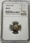 1963-D Roosevelt Dime 10c NGC MS 65 Mint State Uncirculated Coin Nice Toning