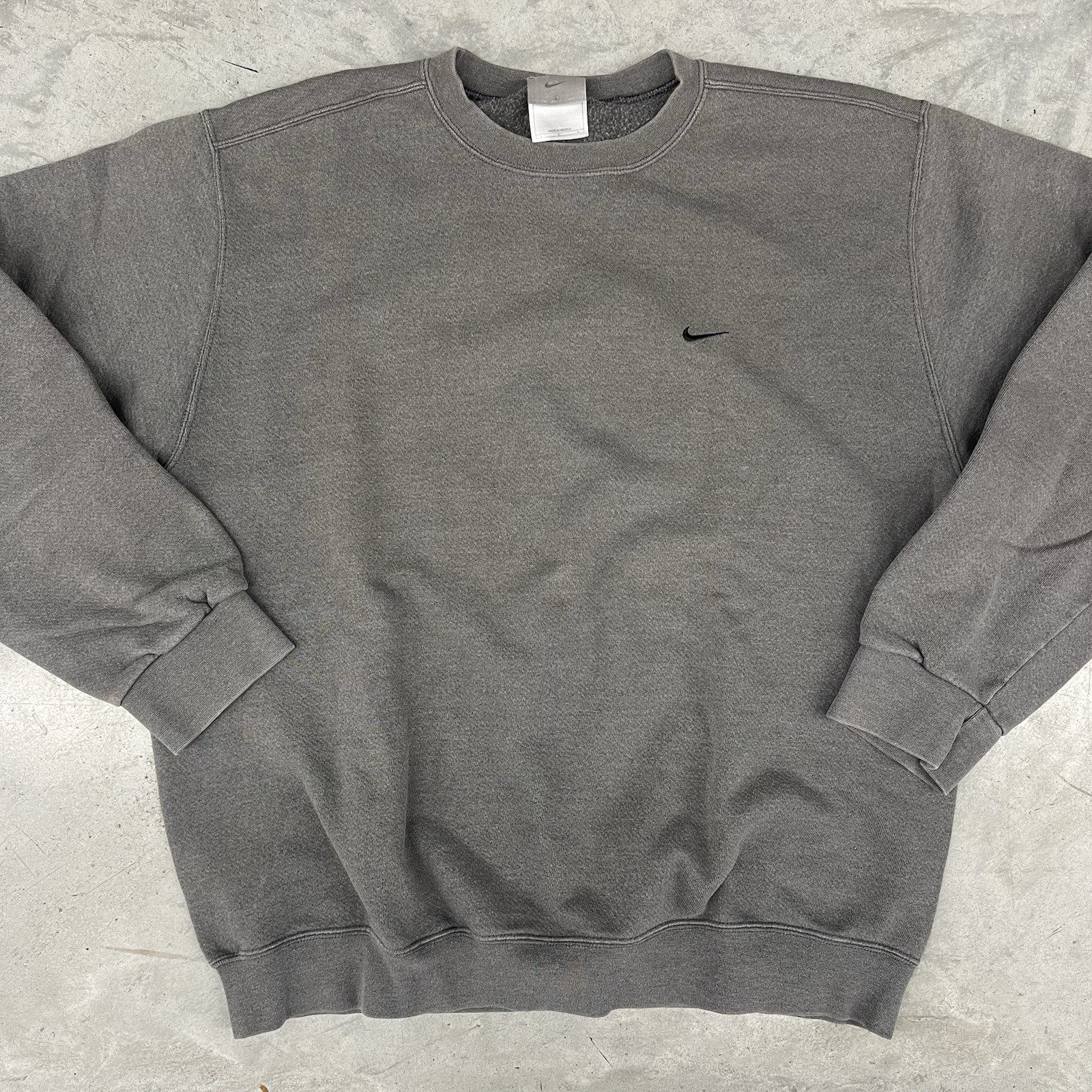 Vintage Nike Sweatshirt Dark Gray Black Mini Swoosh Crewneck Pullover 90s L