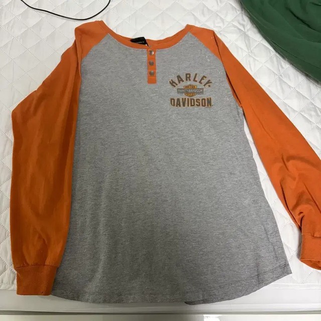 Harley Davidson Mandarin Collar Long Sleeve T-Shirt - Orange Accent