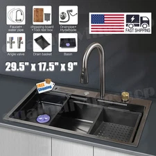 29.5" Flying Rain Stainless Steel Waterfall Kitchen Sink with Faucet Single Bowl