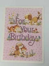 Vintage Cute Puppy and Kitten Birthday Greeting Card Pink Floral