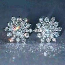2Ct Round Cut Real Moissanite Womens Cluster Stud Earrings 14K White Gold Plated