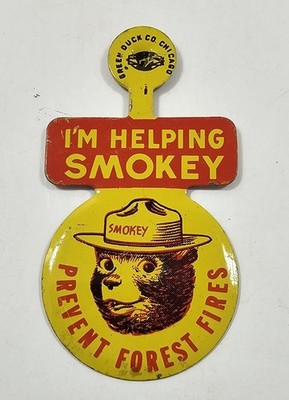 Vintage Smokey The Bear Lapel Badge Clip Fire Prevention Yellow Tab Metal 