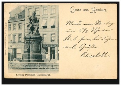 Postcard greeting from Hamburg: Lessing monument at the Gänsemarkt, 17.8.1898 to Kiel 17.8.98
