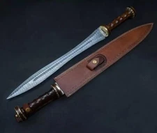 27" Damascus Steel Blade Gladiator Roman Sword Gladius Rose Wood Leather Sheath