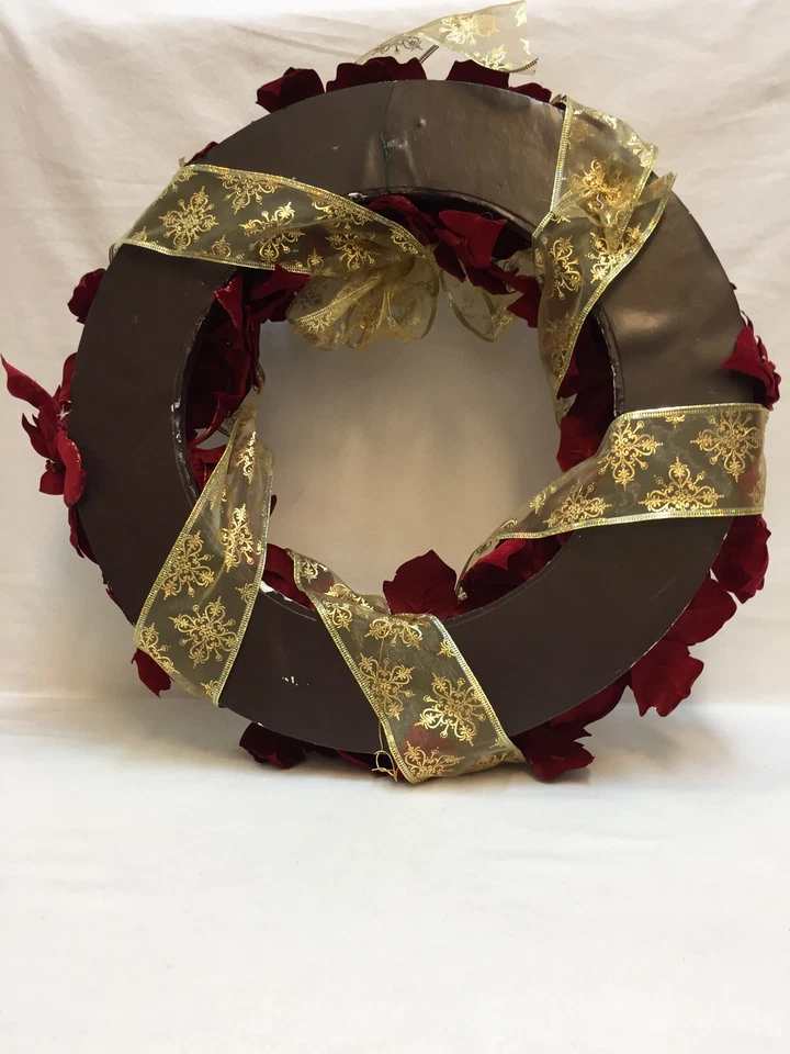 Seasonal  18" Wreath Velvet Faux Poinsettia W. Gold Tone Wire Edged Ribbon - Image 2 of 4