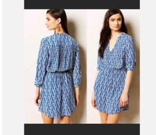 Anthropologie Maeve Blue Geo Print Galen Dress Size Small V-neck/Roll Tab Sleeve