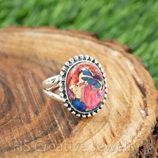 Kingman Pink Dahlia Turquoise 925 Sterling Silver Handmade Ring for Women